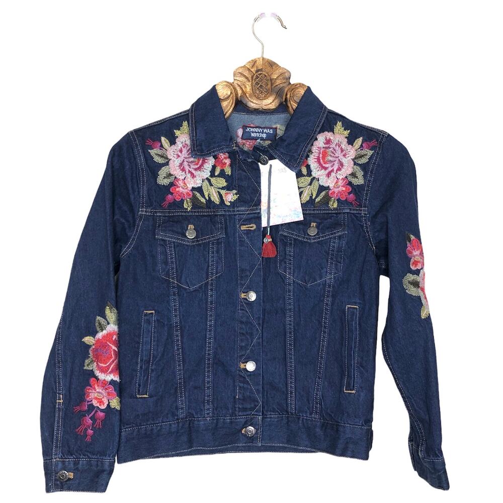 Johnny Was Jean Jacket Floral Embroidered Button Front Dark Denim PETITE Small